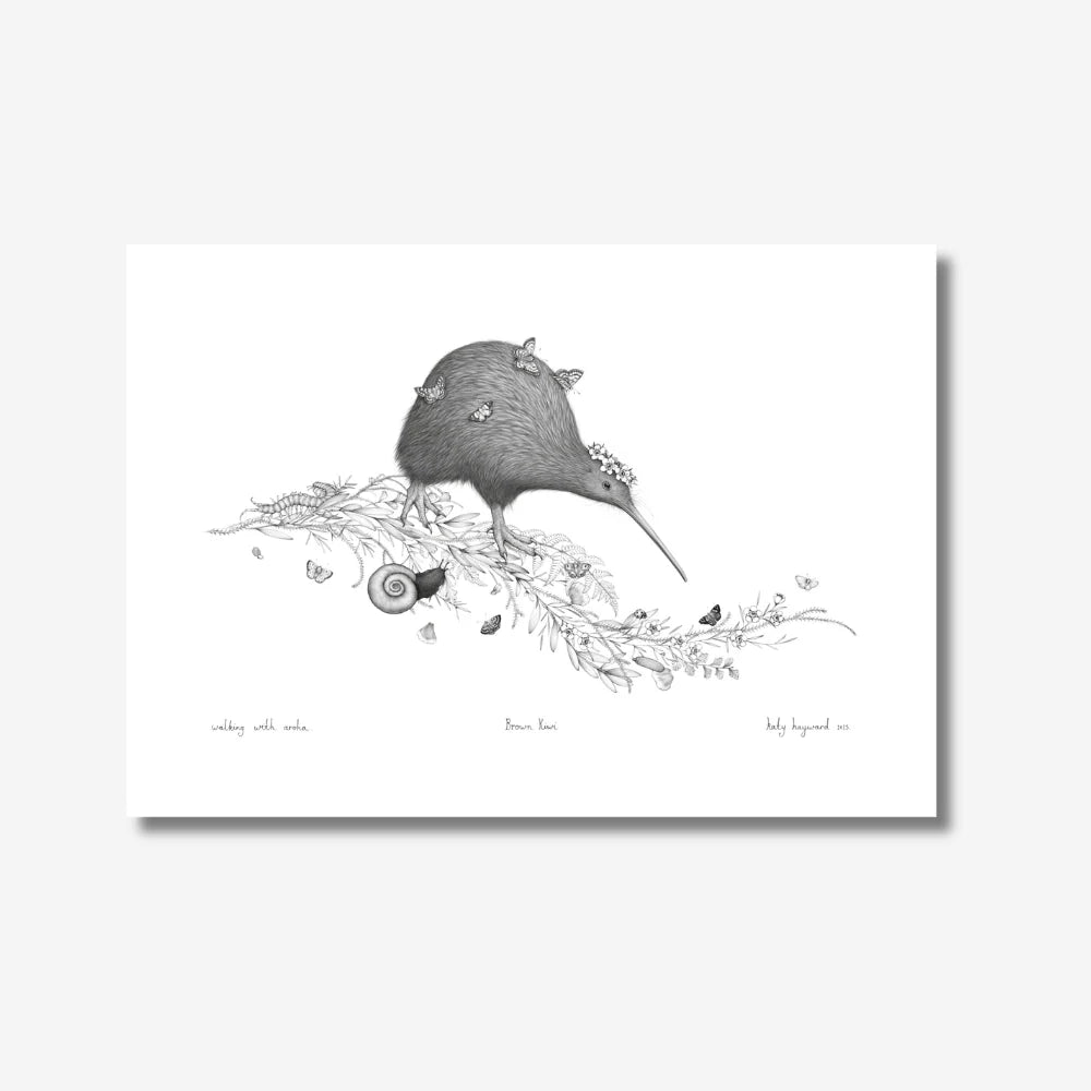 Katy Hayward Print - Walking with Aroha - Brown Kiwi