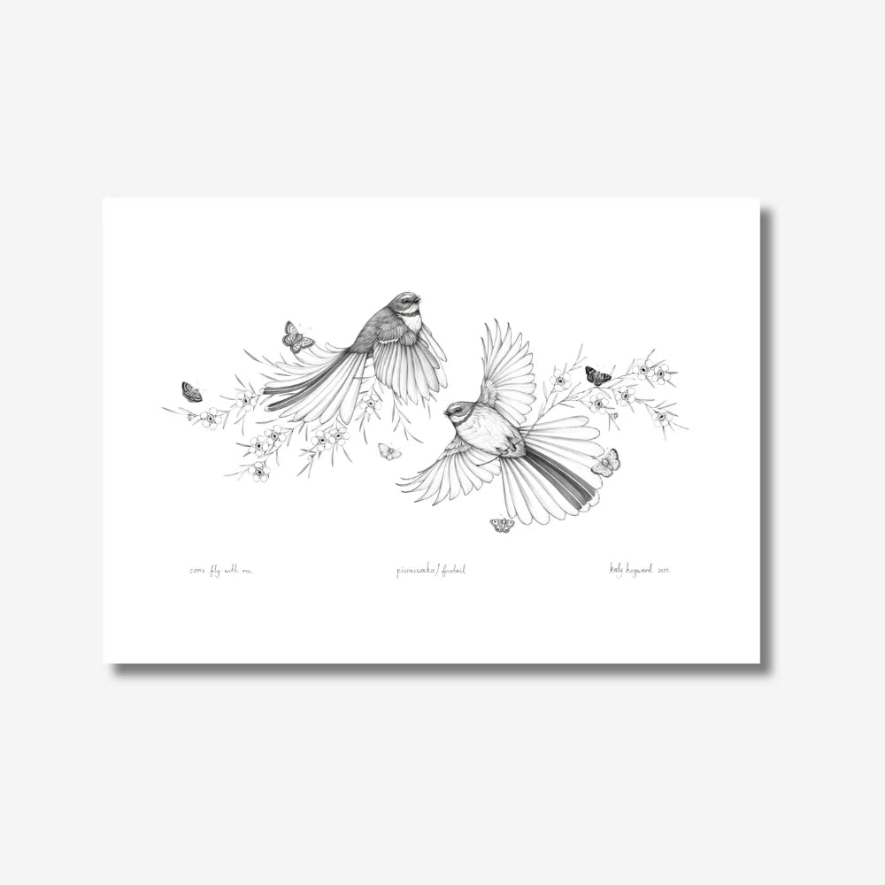 Katy Hayward Print – Come Fly With Me – Pīwaiwaka/Fantail