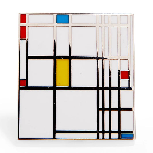 Stained glass panel with geometric design featuring red, blue, yellow, and black on a white background